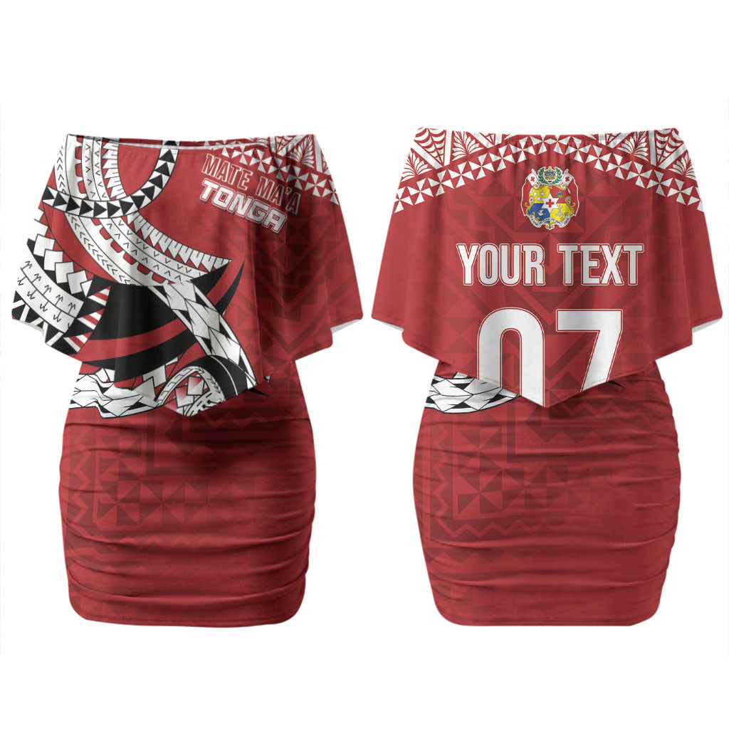 Mate Ma'a Tonga Rugby Custom Kupesi Motifs Couples Matching Off Shoulder Short Dress and Hawaiian Shirt Red Waves