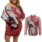 Mate Ma'a Tonga Rugby Custom Kupesi Motifs Couples Matching Off Shoulder Short Dress and Long Sleeve Button Shirt Red Waves