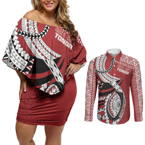 Mate Ma'a Tonga Rugby Custom Kupesi Motifs Couples Matching Off Shoulder Short Dress and Long Sleeve Button Shirt Red Waves