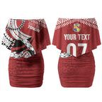 Mate Ma'a Tonga Rugby Custom Kupesi Motifs Couples Matching Off Shoulder Short Dress and Long Sleeve Button Shirt Red Waves