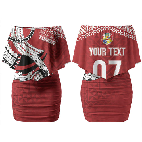 Mate Ma'a Tonga Rugby Custom Kupesi Motifs Couples Matching Off Shoulder Short Dress and Long Sleeve Button Shirt Red Waves