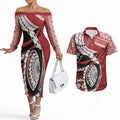 Mate Ma'a Tonga Rugby Custom Kupesi Motifs Couples Matching Off The Shoulder Long Sleeve Dress and Hawaiian Shirt Red Waves