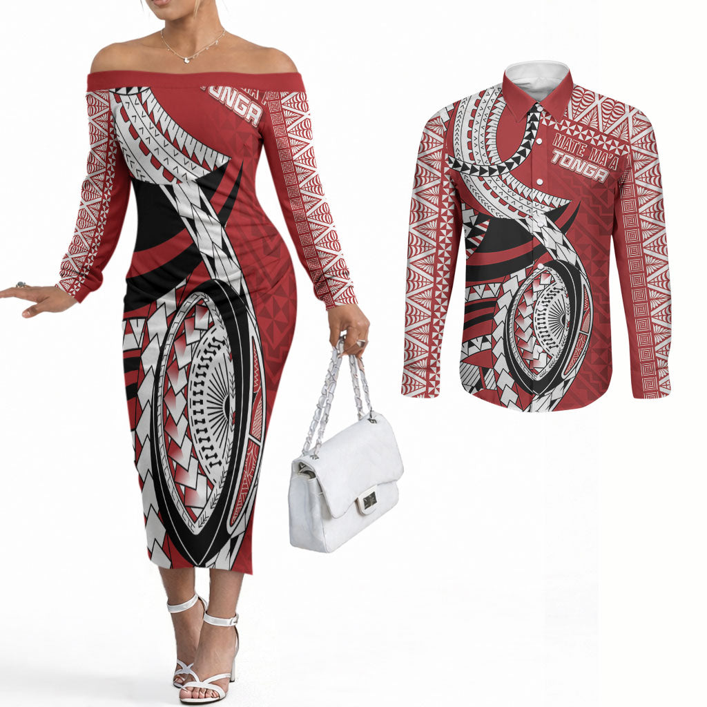 Mate Ma'a Tonga Rugby Custom Kupesi Motifs Couples Matching Off The Shoulder Long Sleeve Dress and Long Sleeve Button Shirt Red Waves