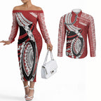 Mate Ma'a Tonga Rugby Custom Kupesi Motifs Couples Matching Off The Shoulder Long Sleeve Dress and Long Sleeve Button Shirt Red Waves