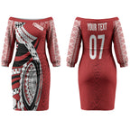 Mate Ma'a Tonga Rugby Custom Kupesi Motifs Couples Matching Off The Shoulder Long Sleeve Dress and Long Sleeve Button Shirt Red Waves