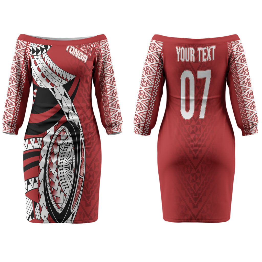 Mate Ma'a Tonga Rugby Custom Kupesi Motifs Couples Matching Off The Shoulder Long Sleeve Dress and Long Sleeve Button Shirt Red Waves