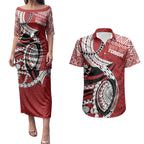 Mate Ma'a Tonga Rugby Custom Kupesi Motifs Couples Matching Puletasi and Hawaiian Shirt Red Waves