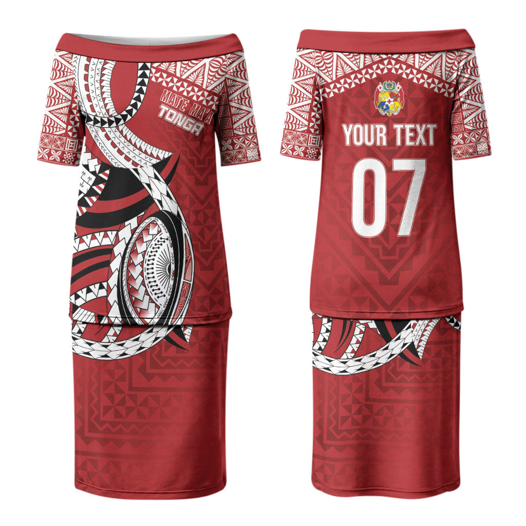 Mate Ma'a Tonga Rugby Custom Kupesi Motifs Couples Matching Puletasi and Hawaiian Shirt Red Waves