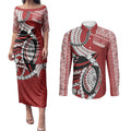 Mate Ma'a Tonga Rugby Custom Kupesi Motifs Couples Matching Puletasi and Long Sleeve Button Shirt Red Waves