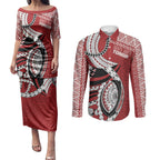 Mate Ma'a Tonga Rugby Custom Kupesi Motifs Couples Matching Puletasi and Long Sleeve Button Shirt Red Waves