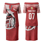 Mate Ma'a Tonga Rugby Custom Kupesi Motifs Couples Matching Puletasi and Long Sleeve Button Shirt Red Waves