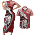 Mate Ma'a Tonga Rugby Custom Kupesi Motifs Couples Matching Short Sleeve Bodycon Dress and Hawaiian Shirt Red Waves