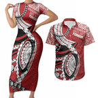 Mate Ma'a Tonga Rugby Custom Kupesi Motifs Couples Matching Short Sleeve Bodycon Dress and Hawaiian Shirt Red Waves