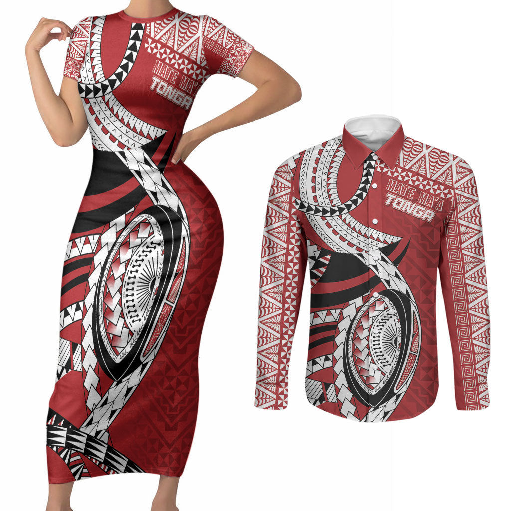 Mate Ma'a Tonga Rugby Custom Kupesi Motifs Couples Matching Short Sleeve Bodycon Dress and Long Sleeve Button Shirt Red Waves