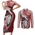 Mate Ma'a Tonga Rugby Custom Kupesi Motifs Couples Matching Short Sleeve Bodycon Dress and Long Sleeve Button Shirt Red Waves