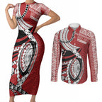 Mate Ma'a Tonga Rugby Custom Kupesi Motifs Couples Matching Short Sleeve Bodycon Dress and Long Sleeve Button Shirt Red Waves