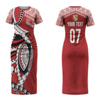 Mate Ma'a Tonga Rugby Custom Kupesi Motifs Couples Matching Short Sleeve Bodycon Dress and Long Sleeve Button Shirt Red Waves