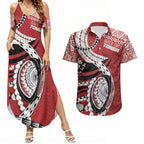 Mate Ma'a Tonga Rugby Custom Kupesi Motifs Couples Matching Summer Maxi Dress and Hawaiian Shirt Red Waves