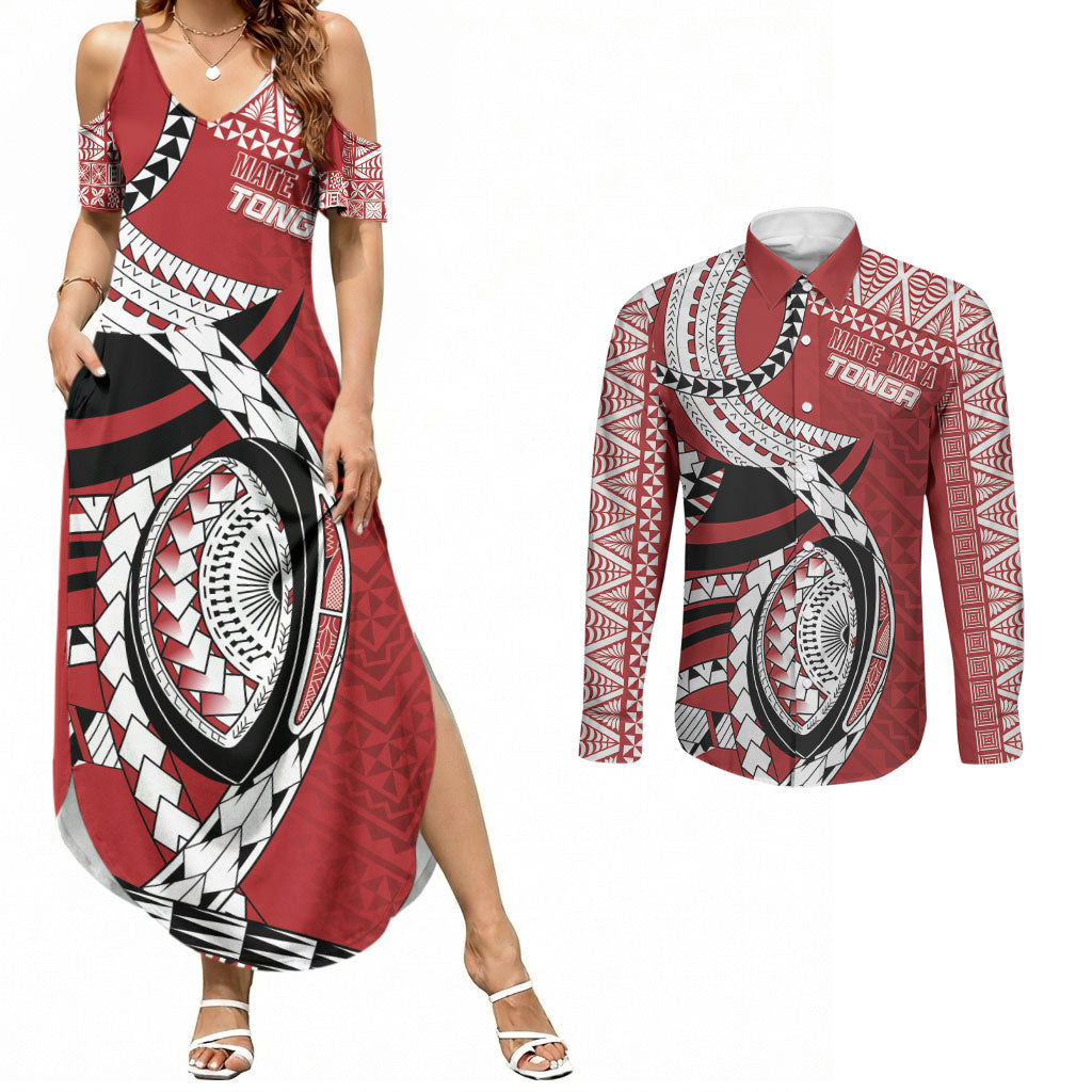 Mate Ma'a Tonga Rugby Custom Kupesi Motifs Couples Matching Summer Maxi Dress and Long Sleeve Button Shirt Red Waves