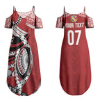 Mate Ma'a Tonga Rugby Custom Kupesi Motifs Couples Matching Summer Maxi Dress and Long Sleeve Button Shirt Red Waves