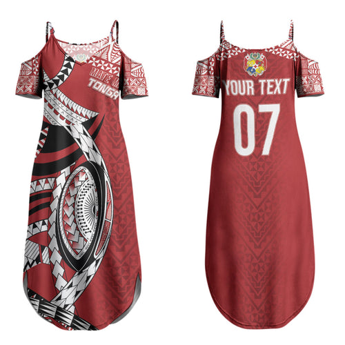 Mate Ma'a Tonga Rugby Custom Kupesi Motifs Couples Matching Summer Maxi Dress and Long Sleeve Button Shirt Red Waves