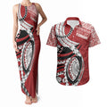 Mate Ma'a Tonga Rugby Custom Kupesi Motifs Couples Matching Tank Maxi Dress and Hawaiian Shirt Red Waves