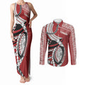 Mate Ma'a Tonga Rugby Custom Kupesi Motifs Couples Matching Tank Maxi Dress and Long Sleeve Button Shirt Red Waves