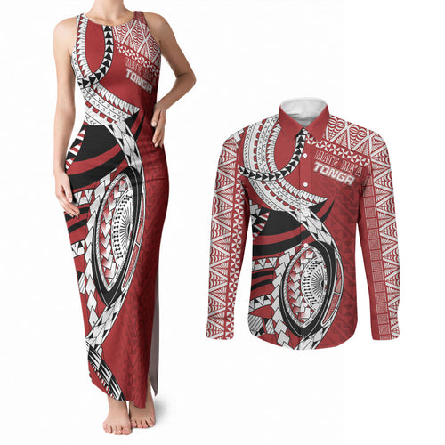 Mate Ma'a Tonga Rugby Custom Kupesi Motifs Couples Matching Tank Maxi Dress and Long Sleeve Button Shirt Red Waves