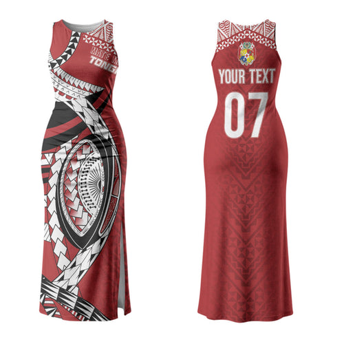Mate Ma'a Tonga Rugby Custom Kupesi Motifs Couples Matching Tank Maxi Dress and Long Sleeve Button Shirt Red Waves