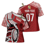 Mate Ma'a Tonga Rugby Custom Kupesi Motifs Cross Shoulder Shirt Red Waves
