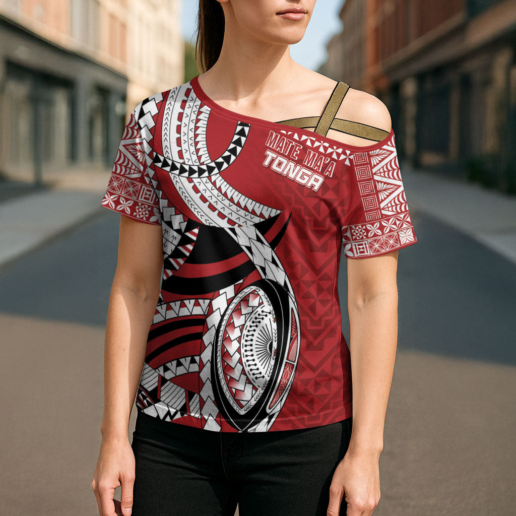 Mate Ma'a Tonga Rugby Custom Kupesi Motifs Cross Shoulder Shirt Red Waves