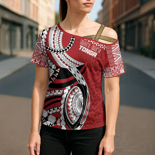 Mate Ma'a Tonga Rugby Custom Kupesi Motifs Cross Shoulder Shirt Red Waves