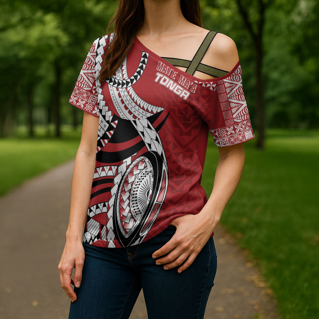Mate Ma'a Tonga Rugby Custom Kupesi Motifs Cross Shoulder Shirt Red Waves