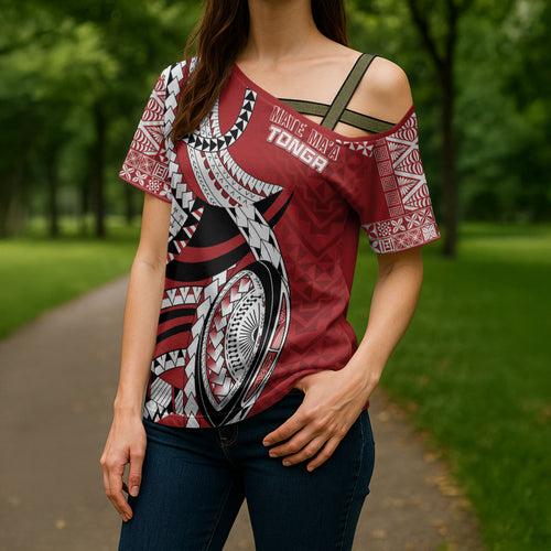 Mate Ma'a Tonga Rugby Custom Kupesi Motifs Cross Shoulder Shirt Red Waves