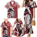 Mate Ma'a Tonga Rugby Custom Kupesi Motifs Family Matching Mermaid Dress and Hawaiian Shirt Red Waves