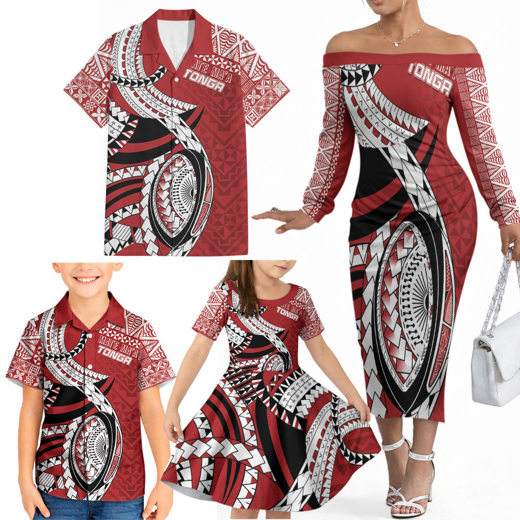 Mate Ma'a Tonga Rugby Custom Kupesi Motifs Family Matching Off The Shoulder Long Sleeve Dress and Hawaiian Shirt Red Waves