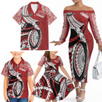 Mate Ma'a Tonga Rugby Custom Kupesi Motifs Family Matching Off The Shoulder Long Sleeve Dress and Hawaiian Shirt Red Waves
