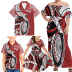 Mate Ma'a Tonga Rugby Custom Kupesi Motifs Family Matching Off Shoulder Maxi Dress and Hawaiian Shirt Red Waves