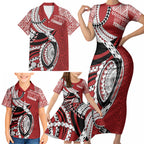 Mate Ma'a Tonga Rugby Custom Kupesi Motifs Family Matching Short Sleeve Bodycon Dress and Hawaiian Shirt Red Waves
