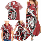 Mate Ma'a Tonga Rugby Custom Kupesi Motifs Family Matching Summer Maxi Dress and Hawaiian Shirt Red Waves