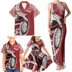 Mate Ma'a Tonga Rugby Custom Kupesi Motifs Family Matching Tank Maxi Dress and Hawaiian Shirt Red Waves