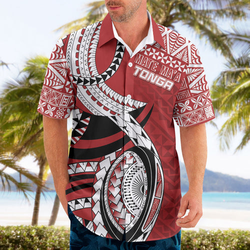 Mate Ma'a Tonga Rugby Custom Kupesi Motifs Hawaiian Shirt Red Waves