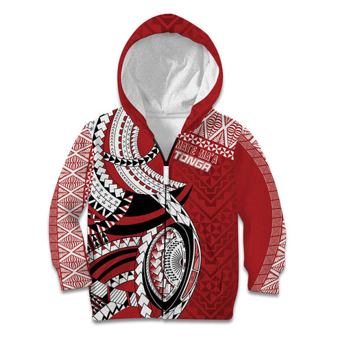 Mate Ma'a Tonga Rugby Custom Kupesi Motifs Kid Hoodie Red Waves