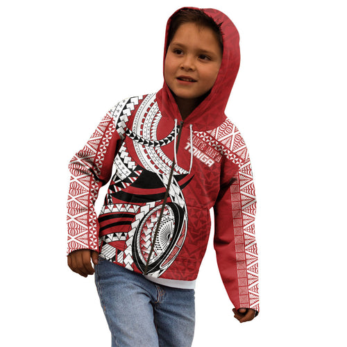 Mate Ma'a Tonga Rugby Custom Kupesi Motifs Kid Hoodie Red Waves
