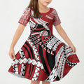 Mate Ma'a Tonga Rugby Custom Kupesi Motifs Kid Short Sleeve Dress Red Waves