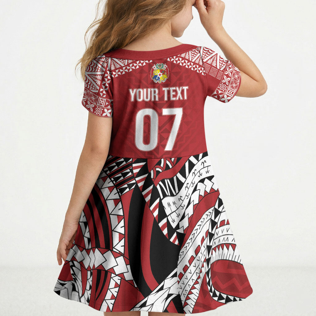 Mate Ma'a Tonga Rugby Custom Kupesi Motifs Kid Short Sleeve Dress Red Waves