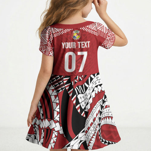 Mate Ma'a Tonga Rugby Custom Kupesi Motifs Kid Short Sleeve Dress Red Waves