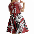 Mate Ma'a Tonga Rugby Custom Kupesi Motifs Kid Short Sleeve Dress Red Waves