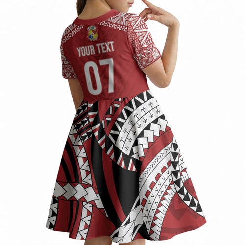 Mate Ma'a Tonga Rugby Custom Kupesi Motifs Kid Short Sleeve Dress Red Waves