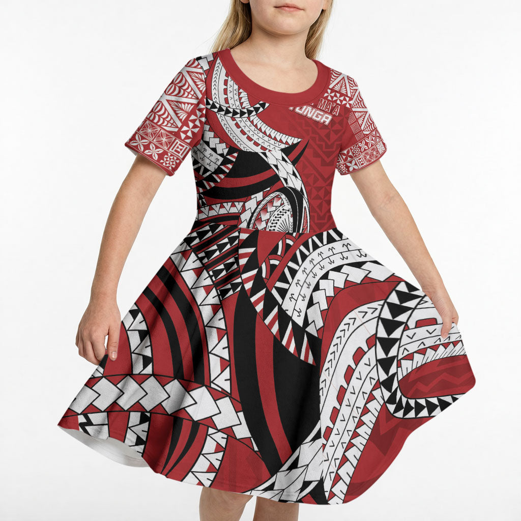 Mate Ma'a Tonga Rugby Custom Kupesi Motifs Kid Short Sleeve Dress Red Waves